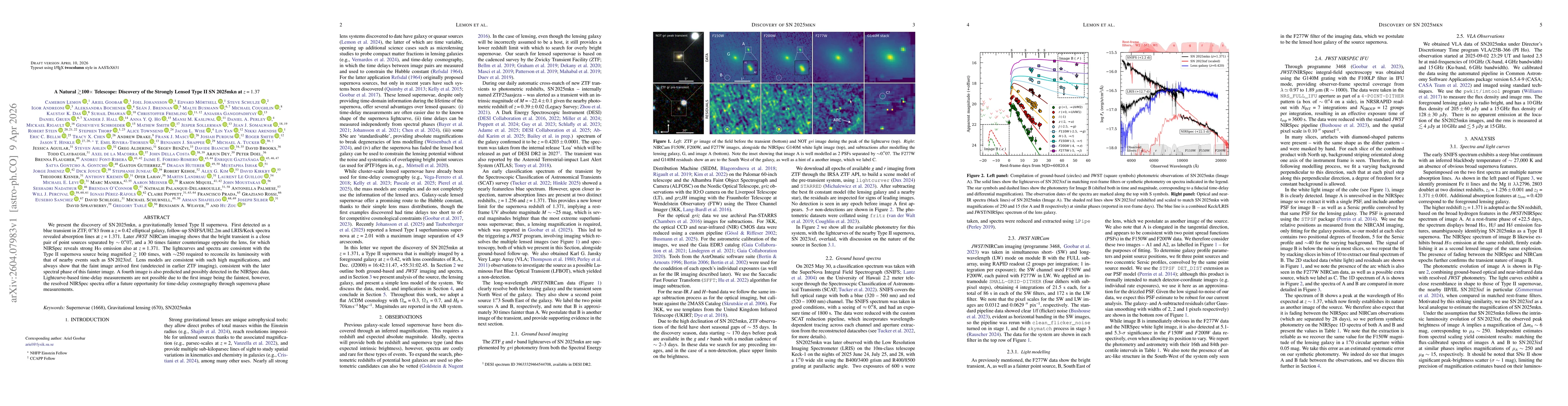 Thumbnail for A Natural $\gtrsim 100\times$ Telescope: Discovery of the Strongly Lensed Type II SN 2025mkn at $z=1.37$