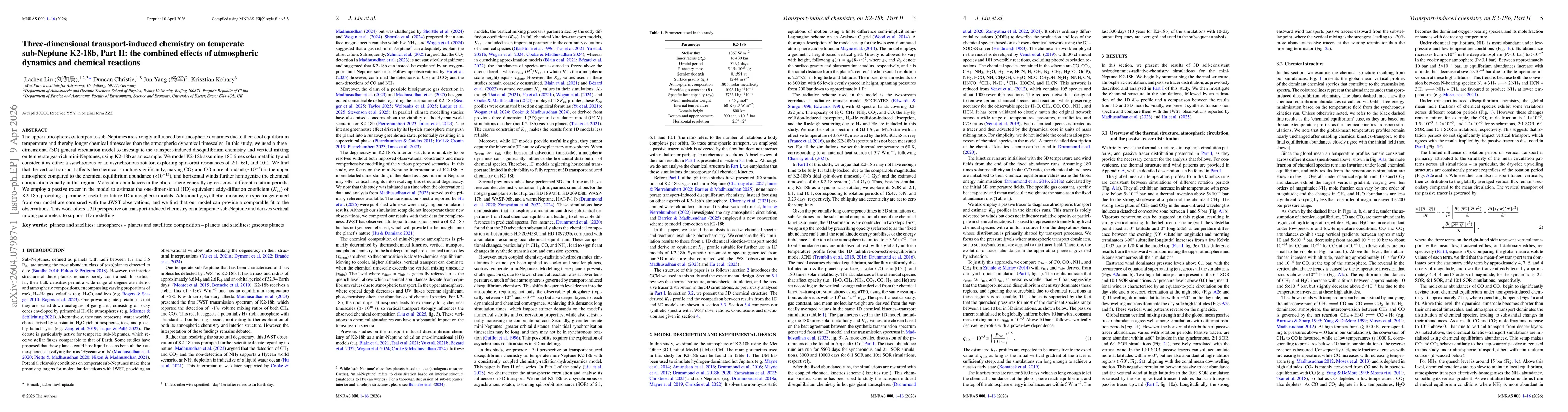 Thumbnail for Three-dimensional transport-induced chemistry on temperate sub-Neptune K2-18b, Part II: the combined effects of atmospheric dynamics and chemical reactions