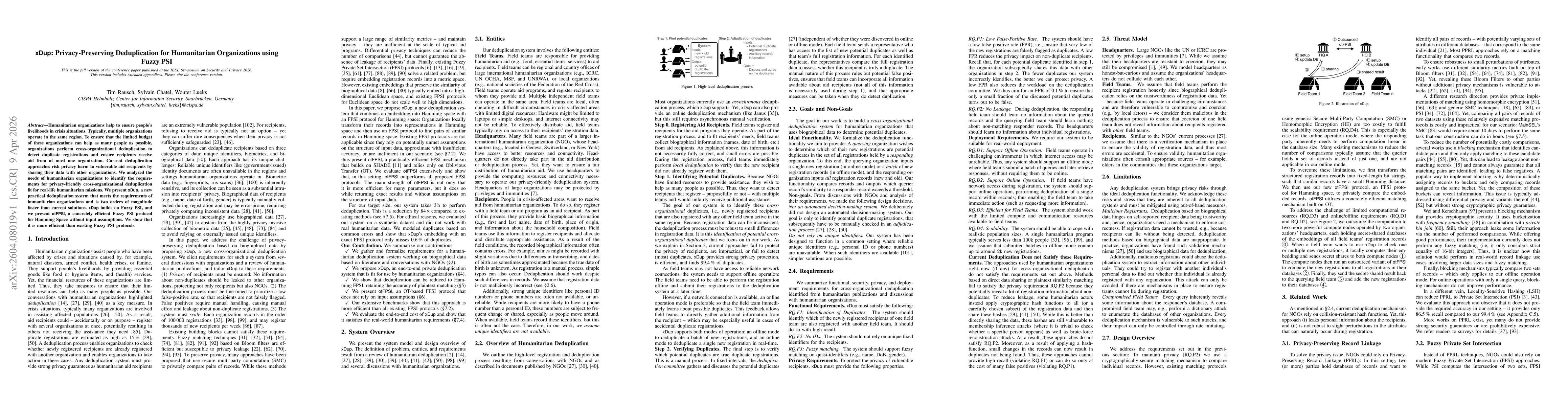 Thumbnail for xDup: Privacy-Preserving Deduplication for Humanitarian Organizations using Fuzzy PSI