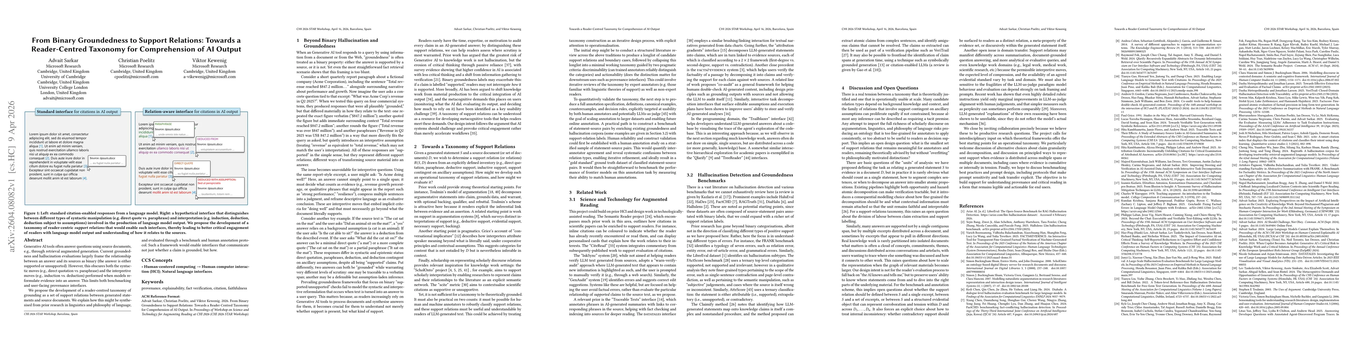 Thumbnail for From Binary Groundedness to Support Relations: Towards a Reader-Centred Taxonomy for Comprehension of AI Output