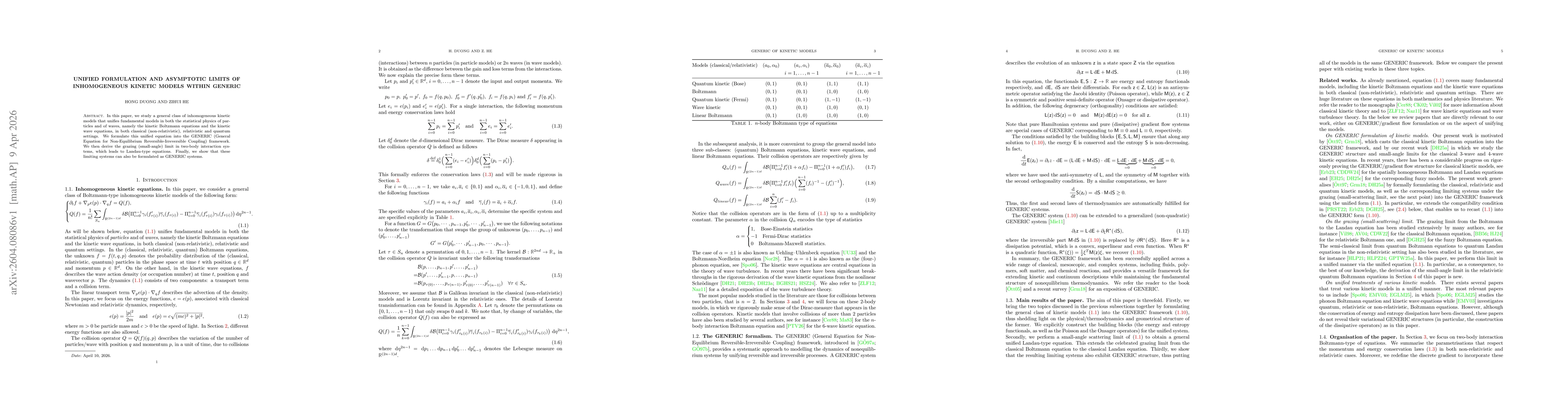 Thumbnail for Unified Formulation and Asymptotic Limits of Inhomogeneous Kinetic Models within GENERIC