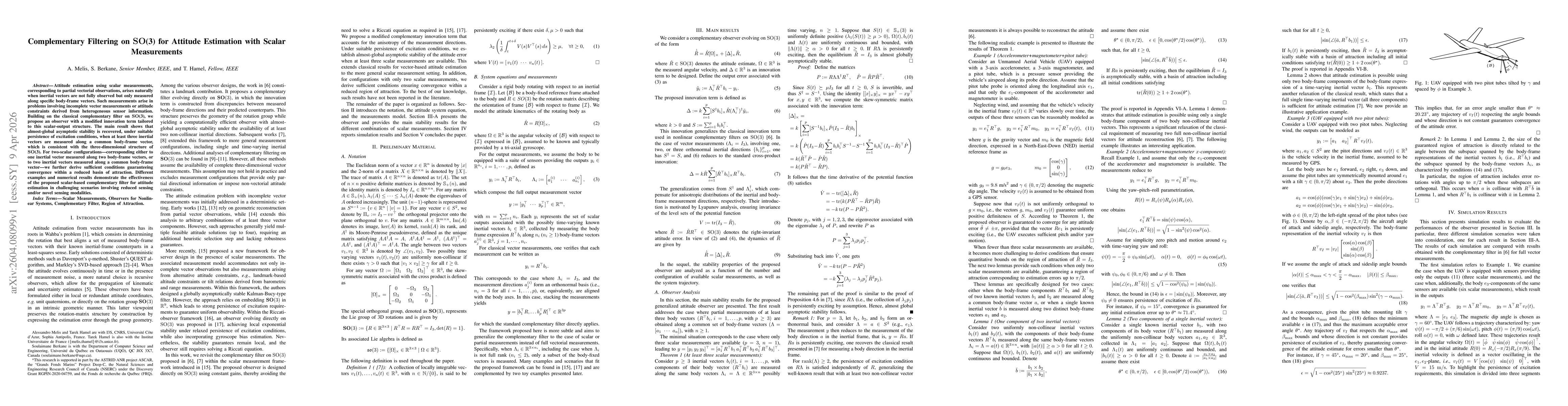 Thumbnail for Complementary Filtering on SO(3) for Attitude Estimation with Scalar Measurements