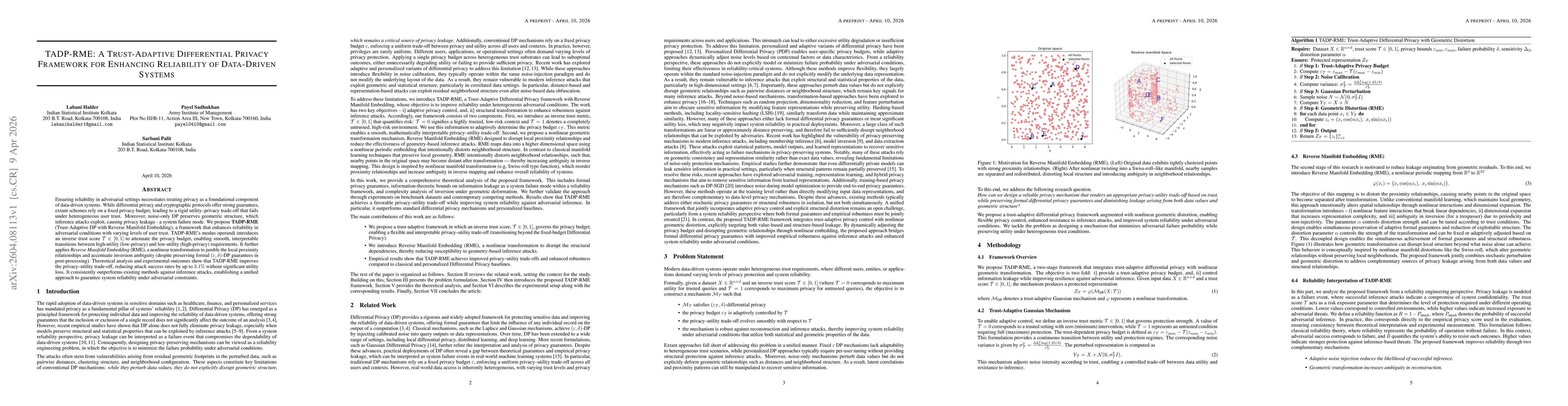 Thumbnail for TADP-RME: A Trust-Adaptive Differential Privacy Framework for Enhancing Reliability of Data-Driven Systems