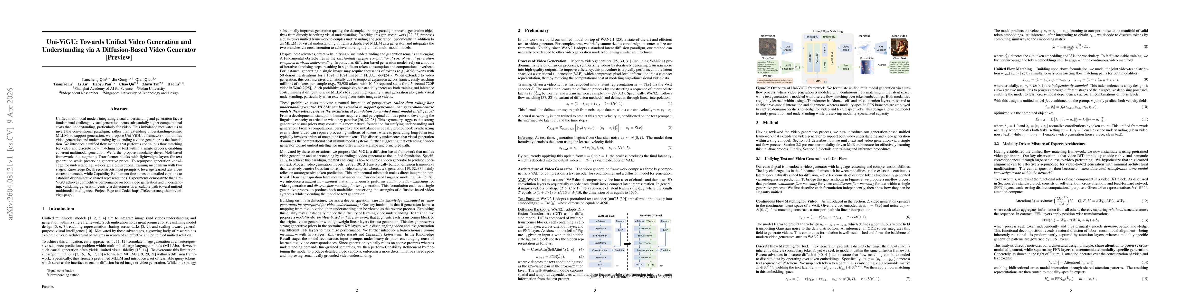 Thumbnail for Uni-ViGU: Towards Unified Video Generation and Understanding via A Diffusion-Based Video Generator