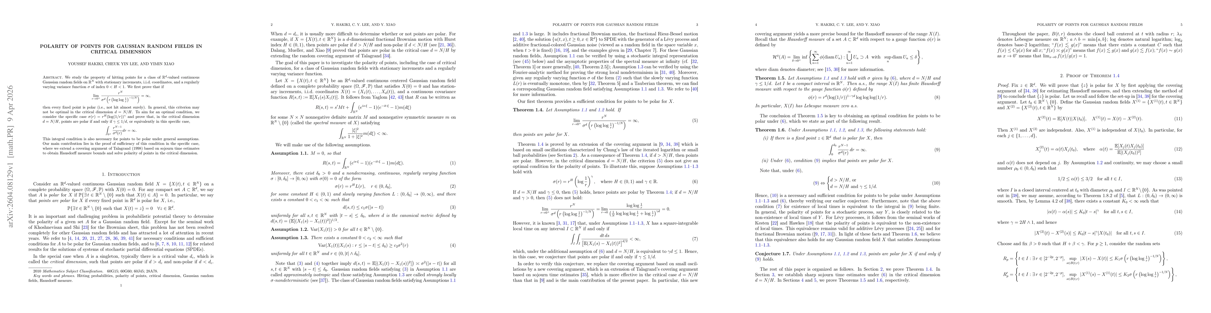 Thumbnail for Polarity of points for Gaussian random fields in critical dimension
