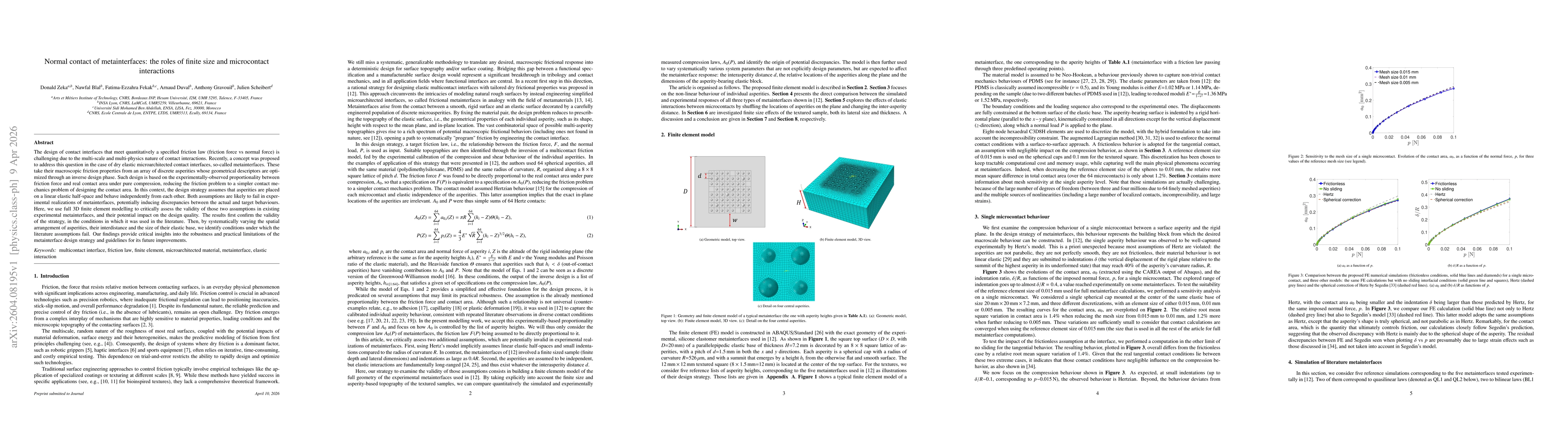 Thumbnail for Normal contact of metainterfaces: the roles of finite size and microcontact interactions