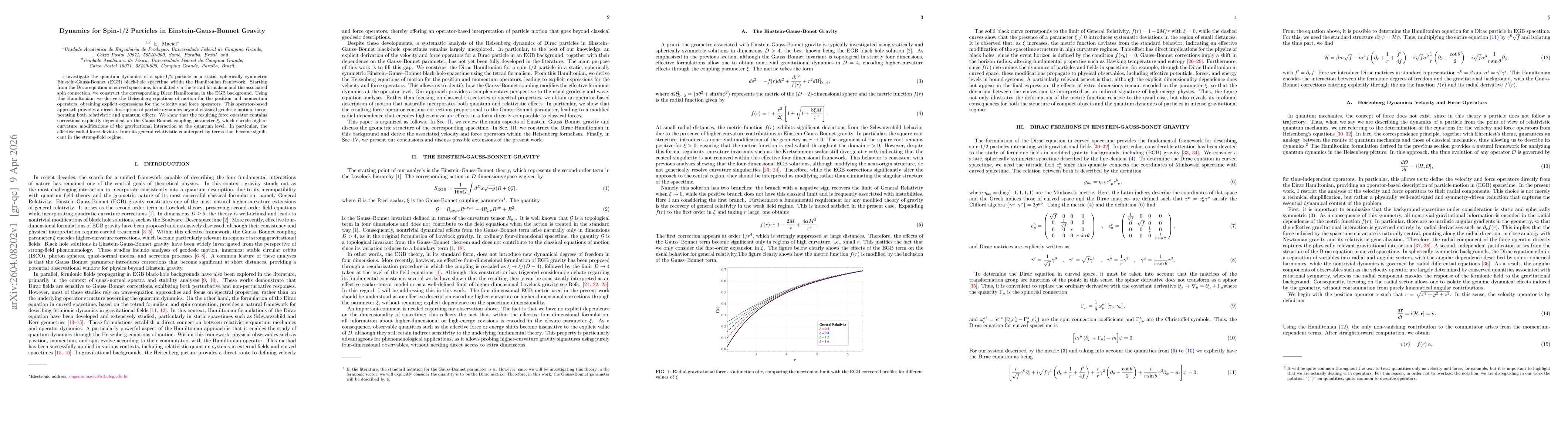 Thumbnail for Dynamics for Spin-$1/2$ Particles in Einstein-Gauss-Bonnet Gravity