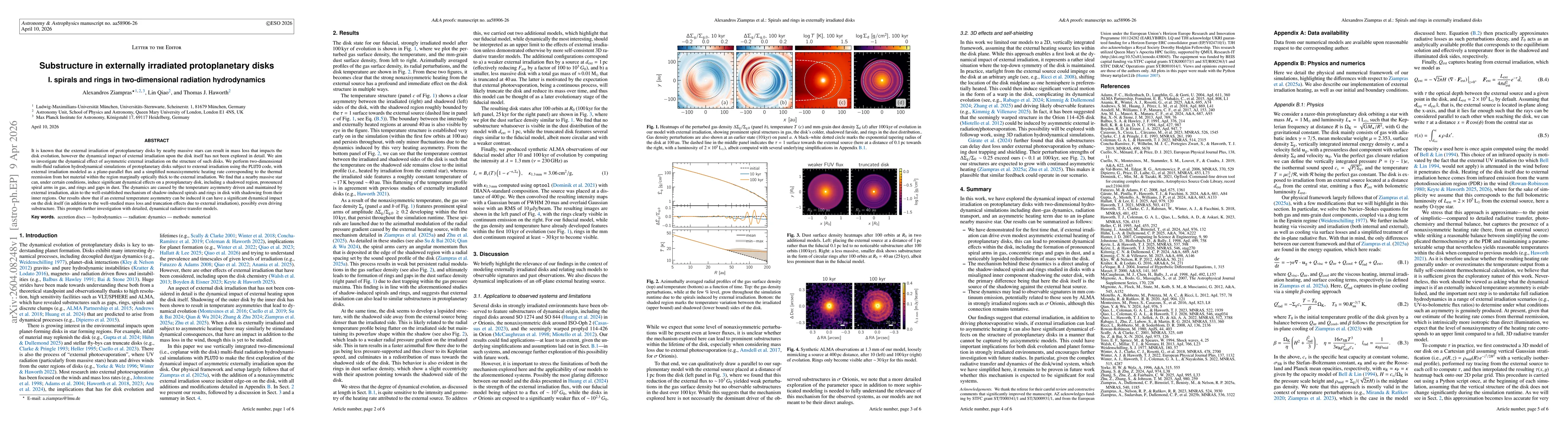 Thumbnail for Substructure in externally irradiated protoplanetary disks, I. spirals and rings in two-dimensional radiation hydrodynamics