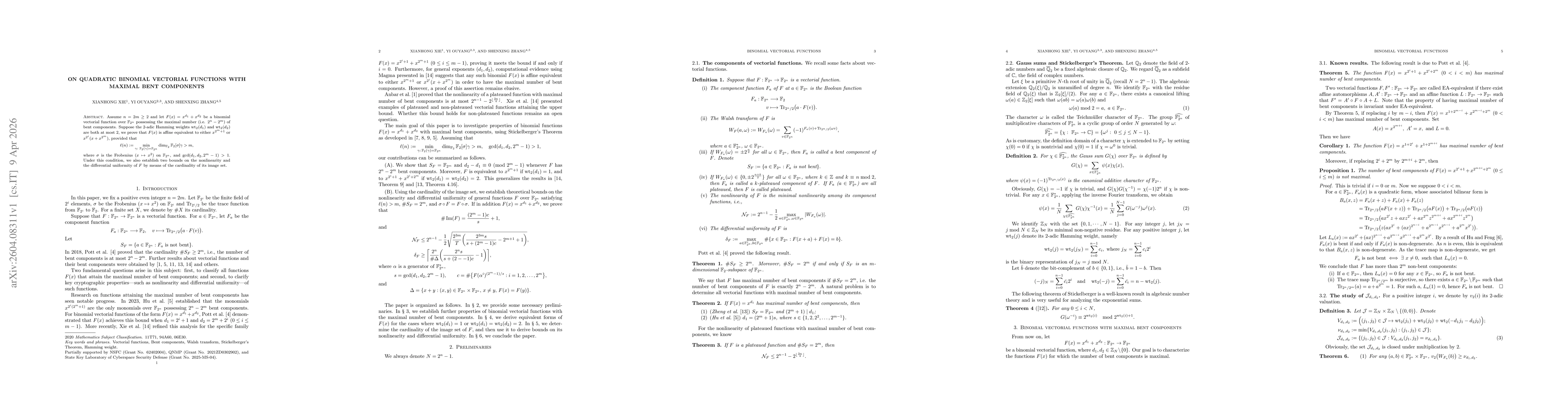 Thumbnail for On quadratic binomial vectorial functions with maximal bent components