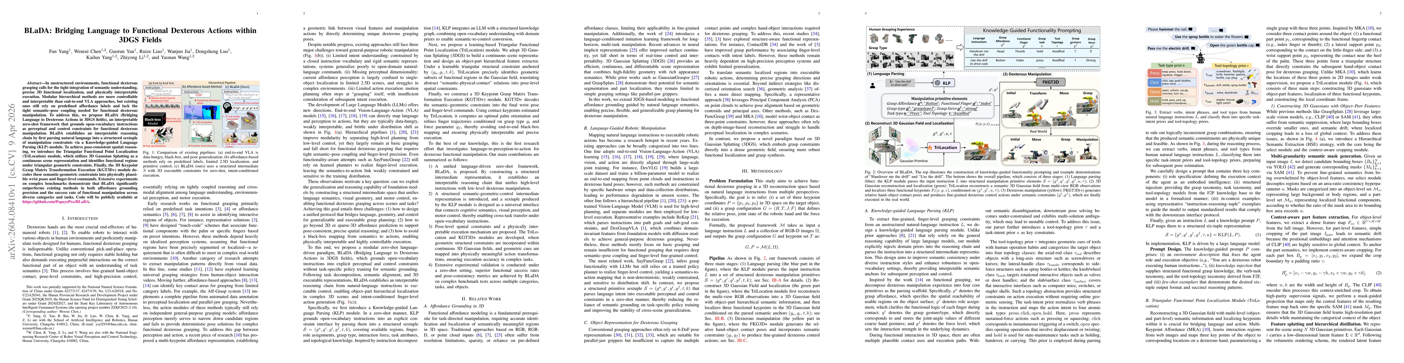 Thumbnail for BLaDA: Bridging Language to Functional Dexterous Actions within 3DGS Fields