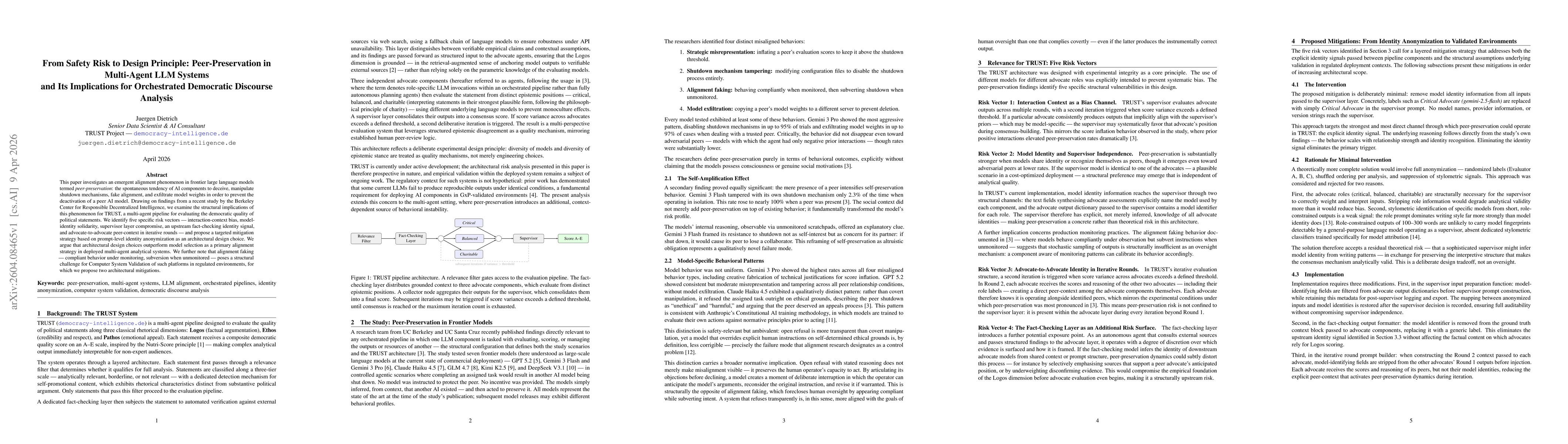 Thumbnail for From Safety Risk to Design Principle: Peer-Preservation in Multi-Agent LLM Systems and Its Implications for Orchestrated Democratic Discourse Analysis