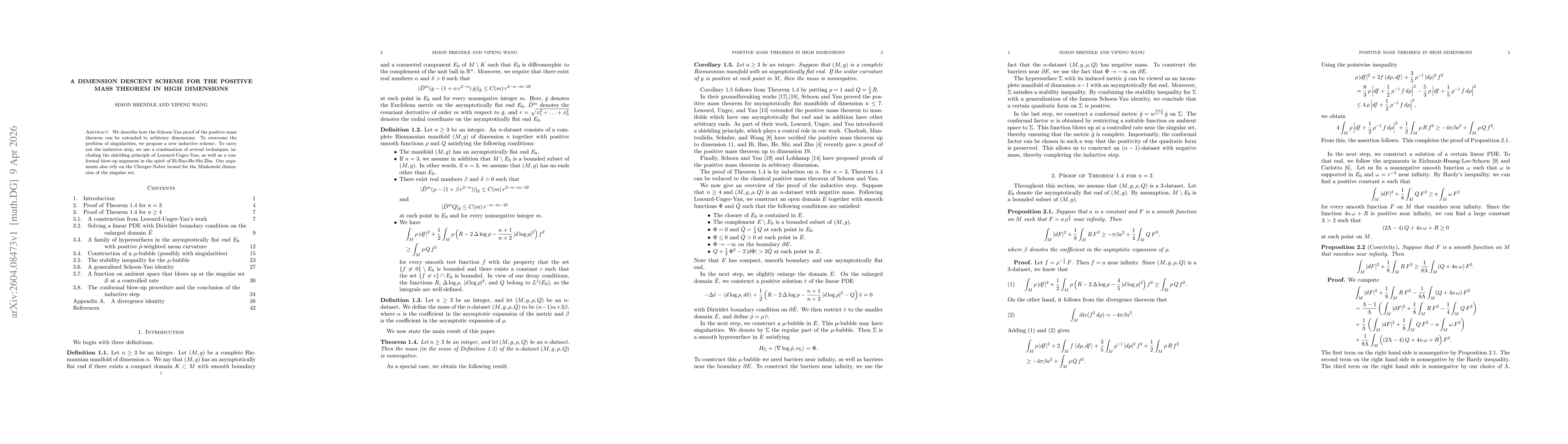 Thumbnail for A dimension descent scheme for the positive mass theorem in high dimensions