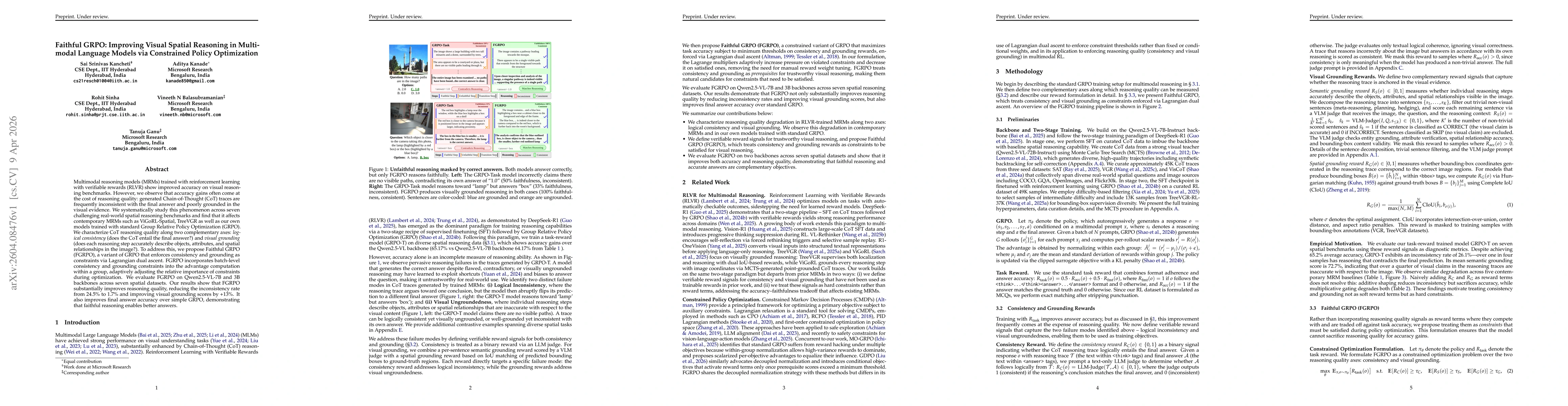 Thumbnail for Faithful GRPO: Improving Visual Spatial Reasoning in Multimodal Language Models via Constrained Policy Optimization