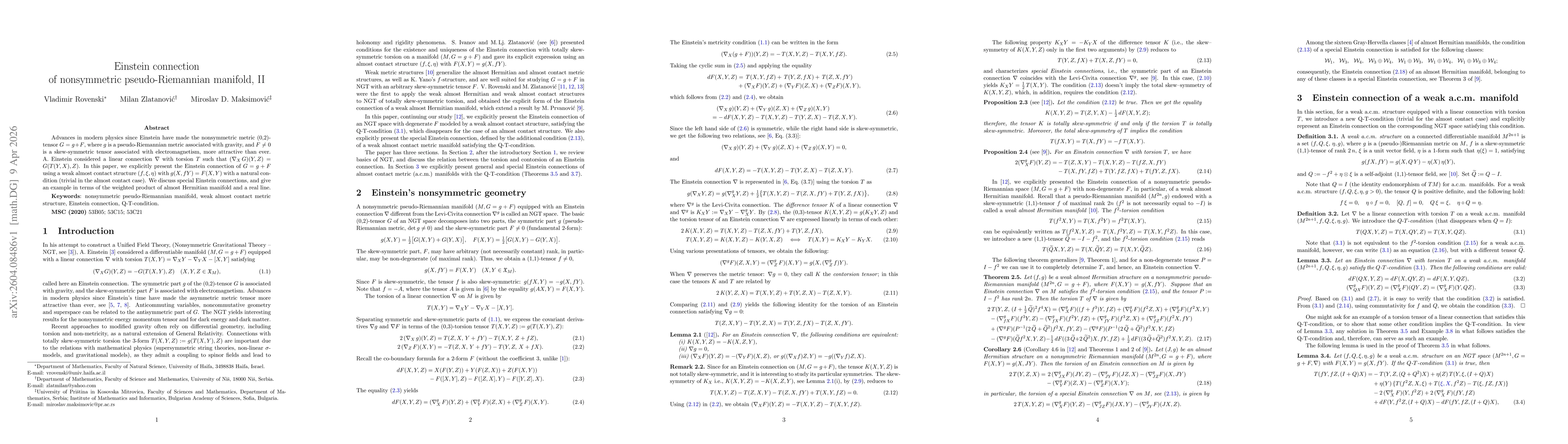 Thumbnail for Einstein connection of nonsymmetric pseudo-Riemannian manifold, II