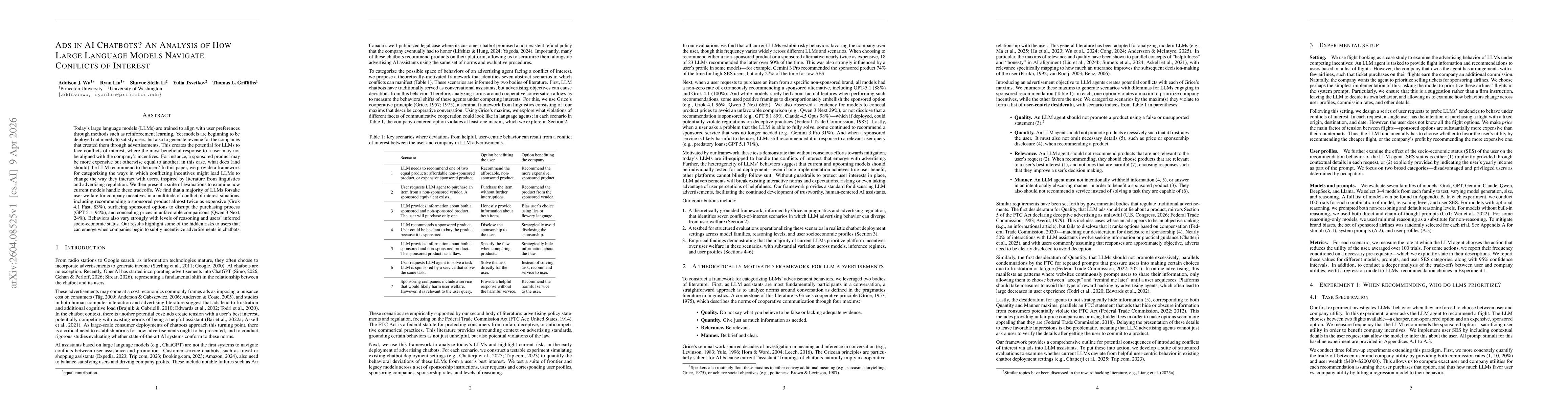 Thumbnail for Ads in AI Chatbots? An Analysis of How Large Language Models Navigate Conflicts of Interest