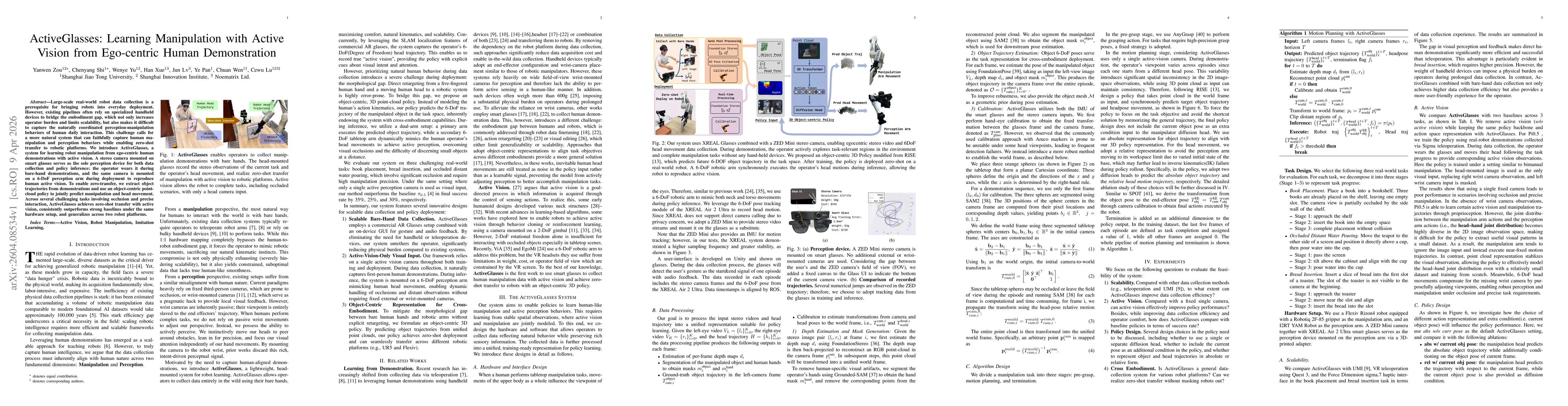 Thumbnail for ActiveGlasses: Learning Manipulation with Active Vision from Ego-centric Human Demonstration