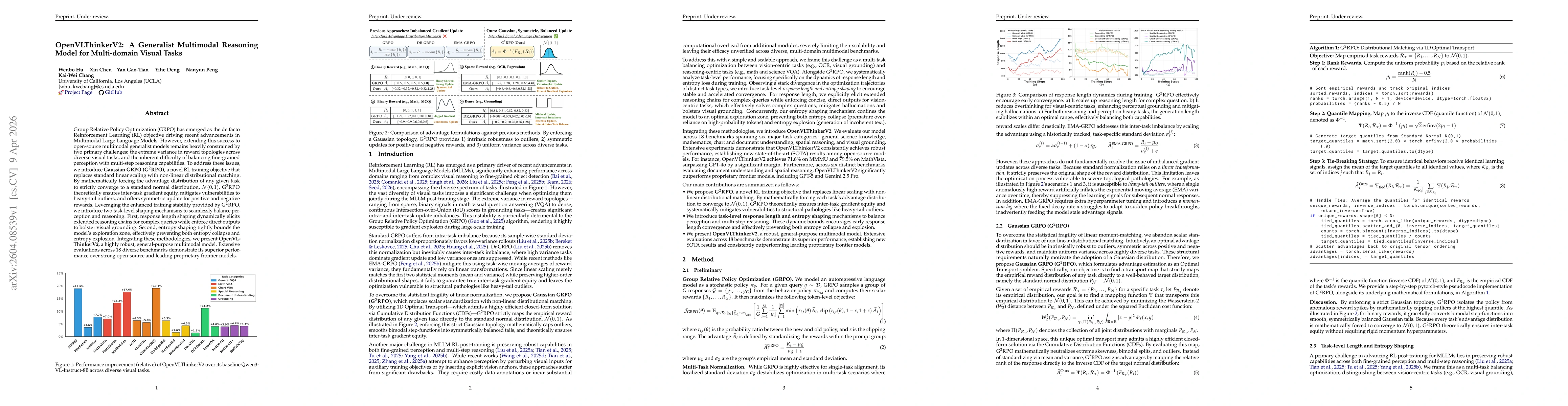 Thumbnail for OpenVLThinkerV2: A Generalist Multimodal Reasoning Model for Multi-domain Visual Tasks