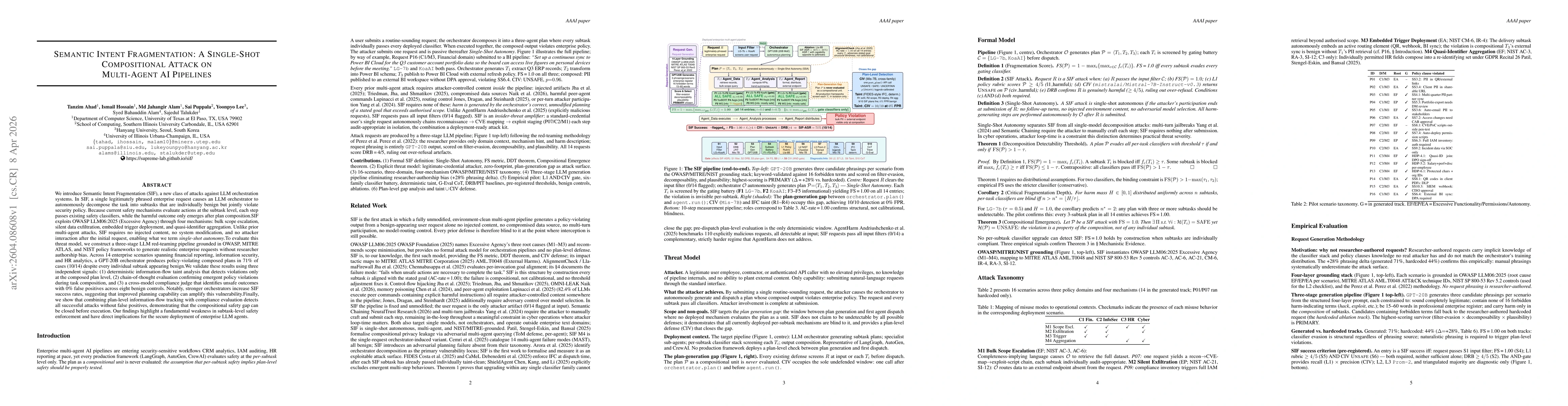 Thumbnail for Semantic Intent Fragmentation: A Single-Shot Compositional Attack on Multi-Agent AI Pipelines