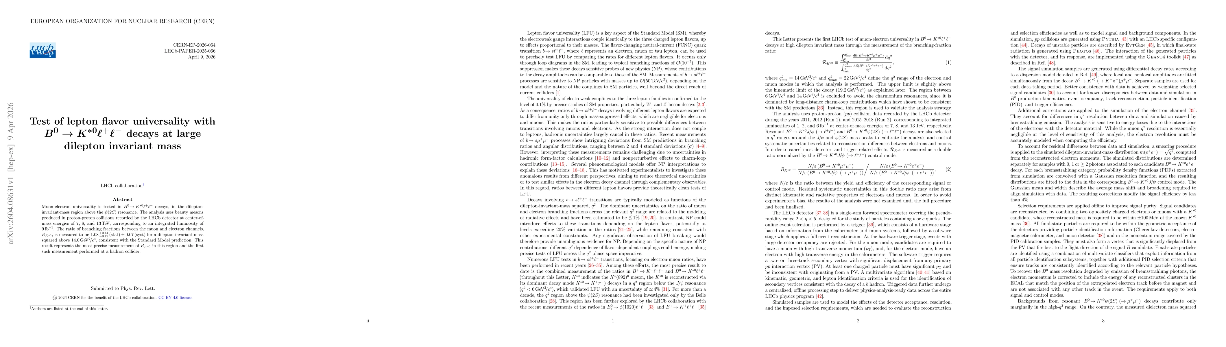 Thumbnail for Test of lepton flavour universality with $B^0\to K^{*0}\ell^+\ell^-$ decays at large dilepton invariant mass