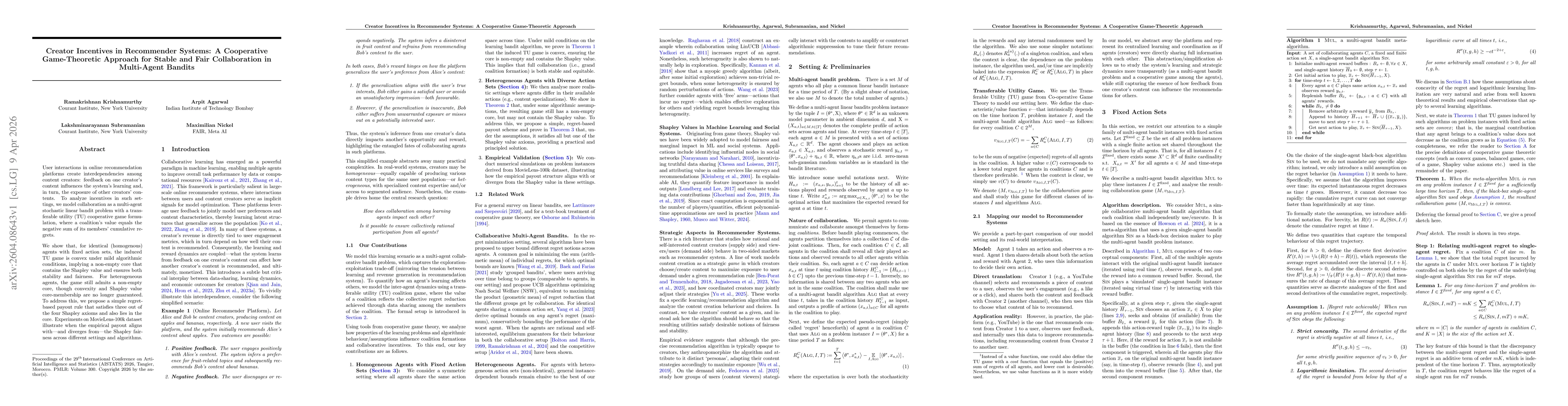 Thumbnail for Creator Incentives in Recommender Systems: A Cooperative Game-Theoretic Approach for Stable and Fair Collaboration in Multi-Agent Bandits