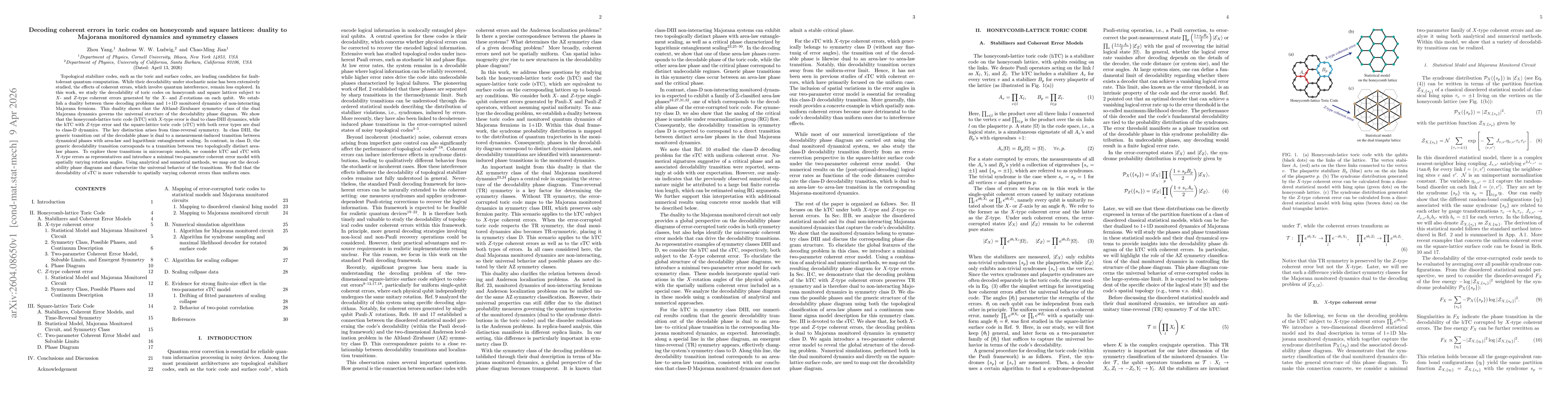 Thumbnail for Decoding coherent errors in toric codes on honeycomb and square lattices: duality to Majorana monitored dynamics and symmetry classes