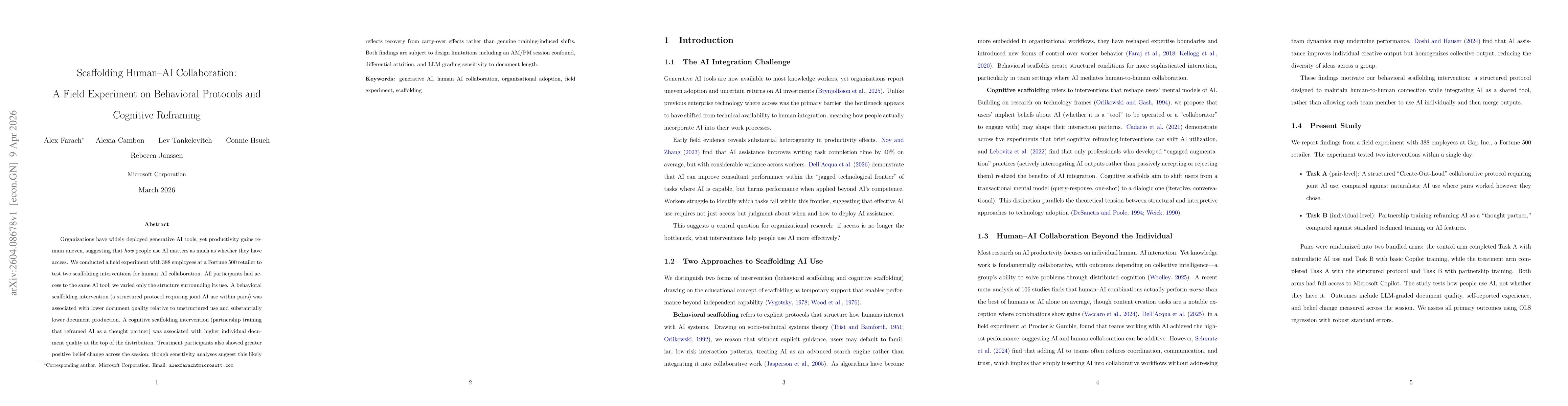 Thumbnail for Scaffolding Human-AI Collaboration: A Field Experiment on Behavioral Protocols and Cognitive Reframing