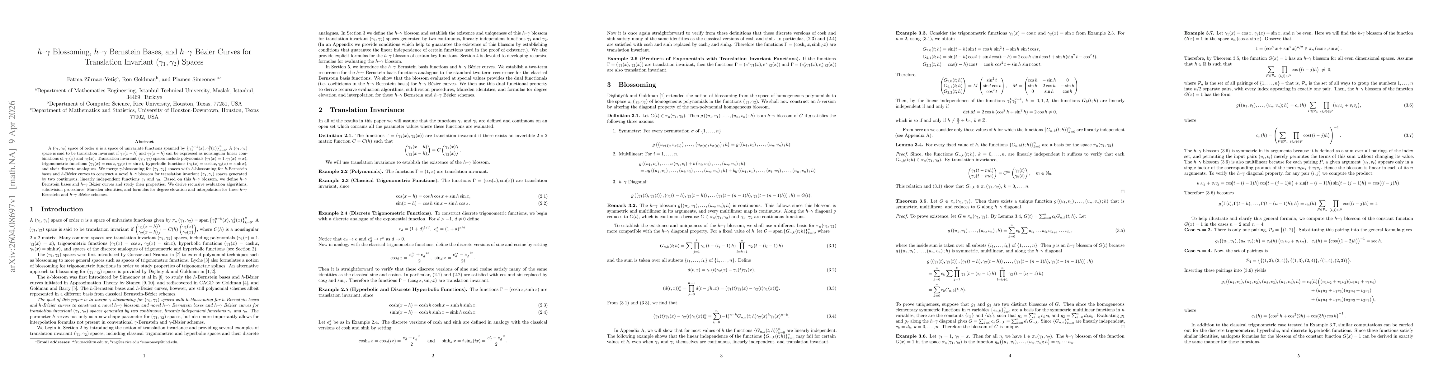 Thumbnail for $h$-$γ$ Blossoming, $h$-$γ$ Bernstein Bases, and $h$-$γ$ Bézier Curves for Translation Invariant $\left(γ_{1},γ_{2}\right)$ Spaces
