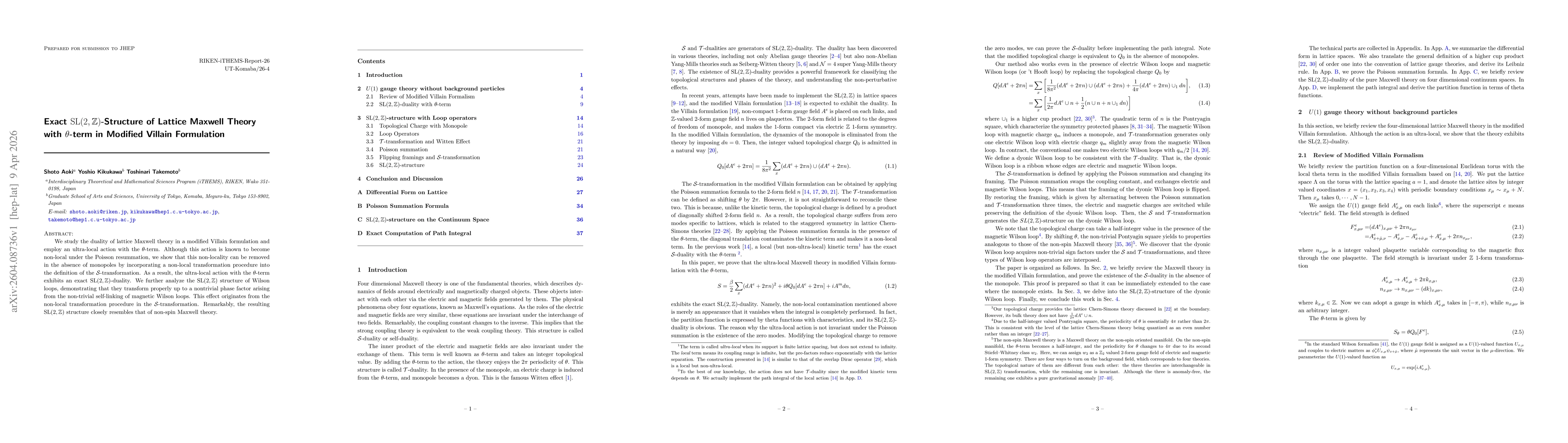 Thumbnail for Exact SL(2,Z)-Structure of Lattice Maxwell Theory with $θ$-term in Modified Villain Formulation