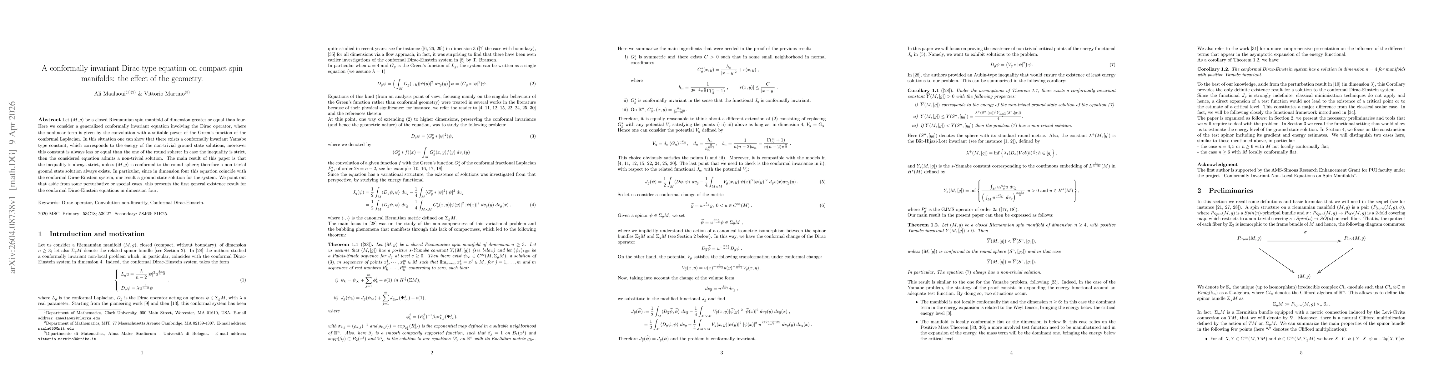 Thumbnail for A Conformally Invariant Dirac-type Equation on Compact Spin Manifolds: the Effect of the Geometry