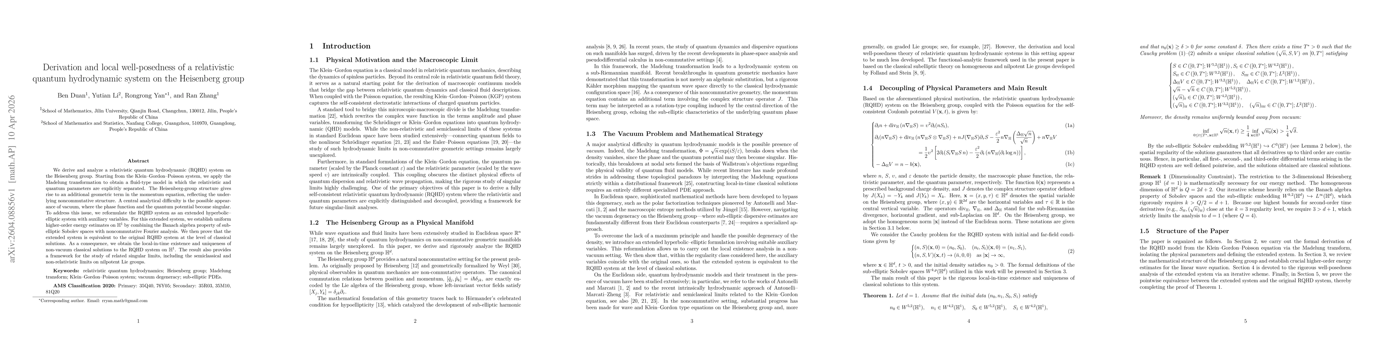 Thumbnail for Derivation and local well-posedness of a relativistic quantum hydrodynamic system on the Heisenberg group