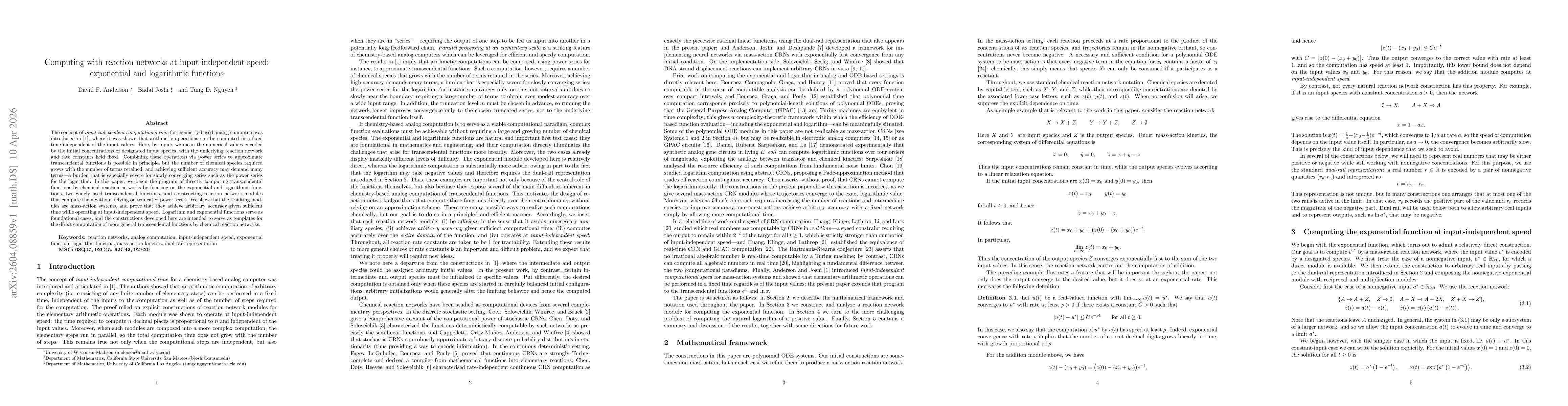 Thumbnail for Computing with reaction networks at input-independent speed: exponential and logarithmic functions