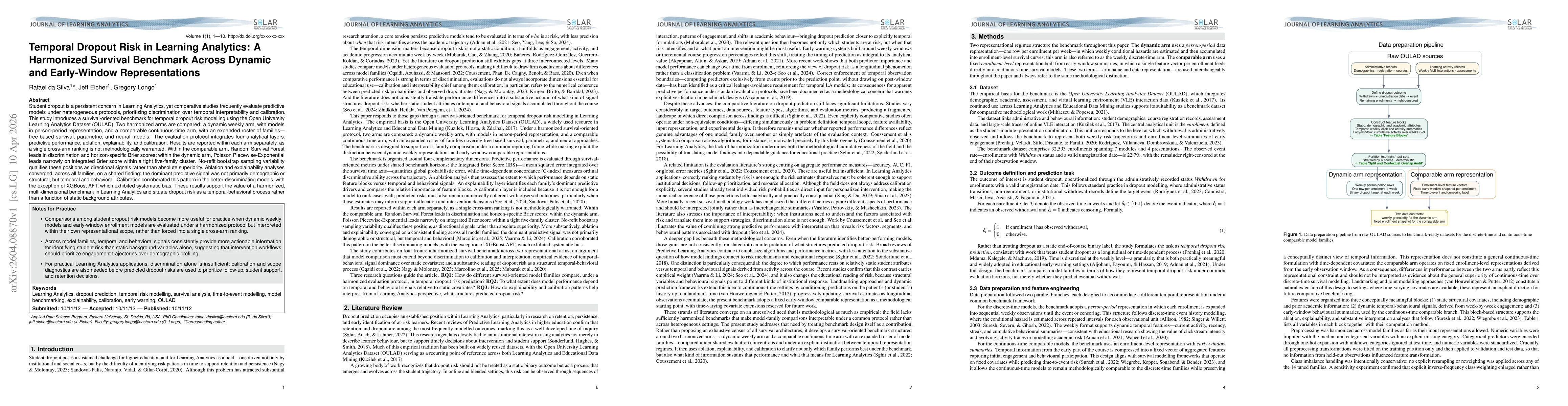 Thumbnail for Temporal Dropout Risk in Learning Analytics: A Harmonized Survival Benchmark Across Dynamic and Early-Window Representations
