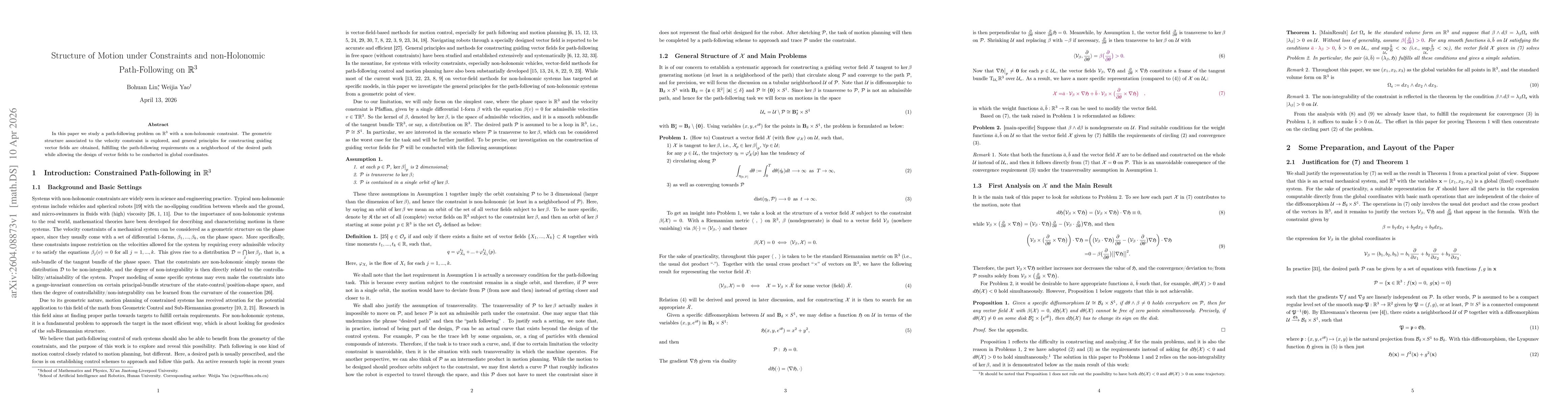 Thumbnail for Structure of Motion under Constraints and non-Holonomic Path-Following on $R^3$