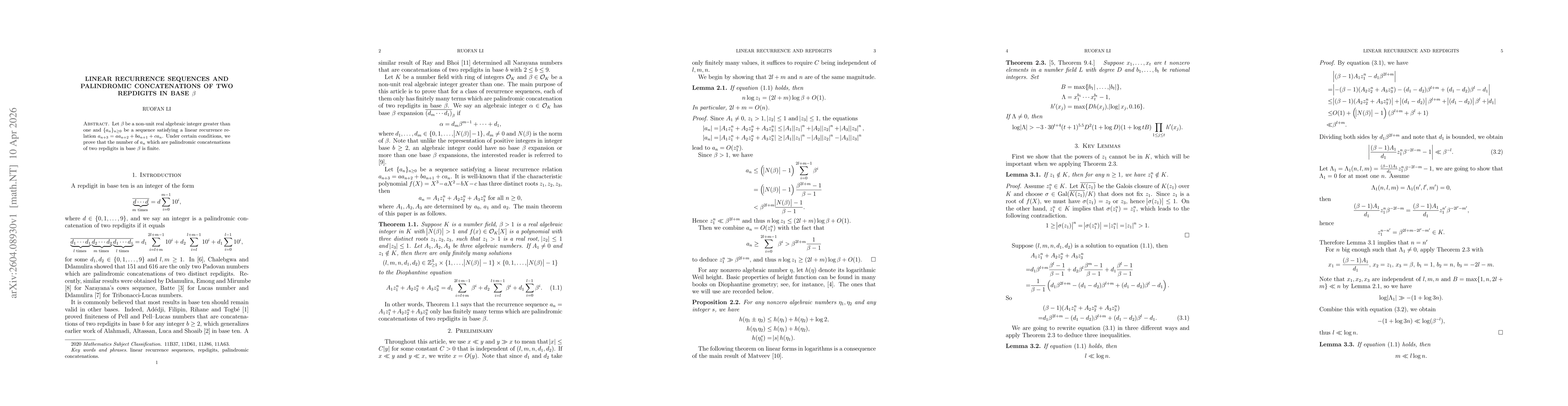Thumbnail for Linear recurrence sequences and palindromic concatenations of two repdigits in base $β$