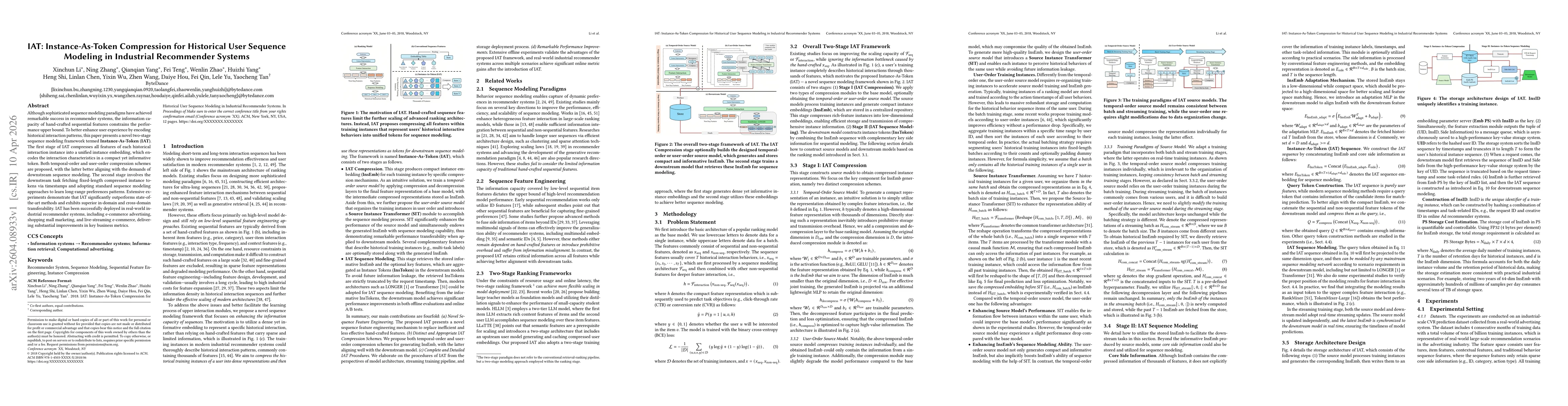 Thumbnail for IAT: Instance-As-Token Compression for Historical User Sequence Modeling in Industrial Recommender Systems