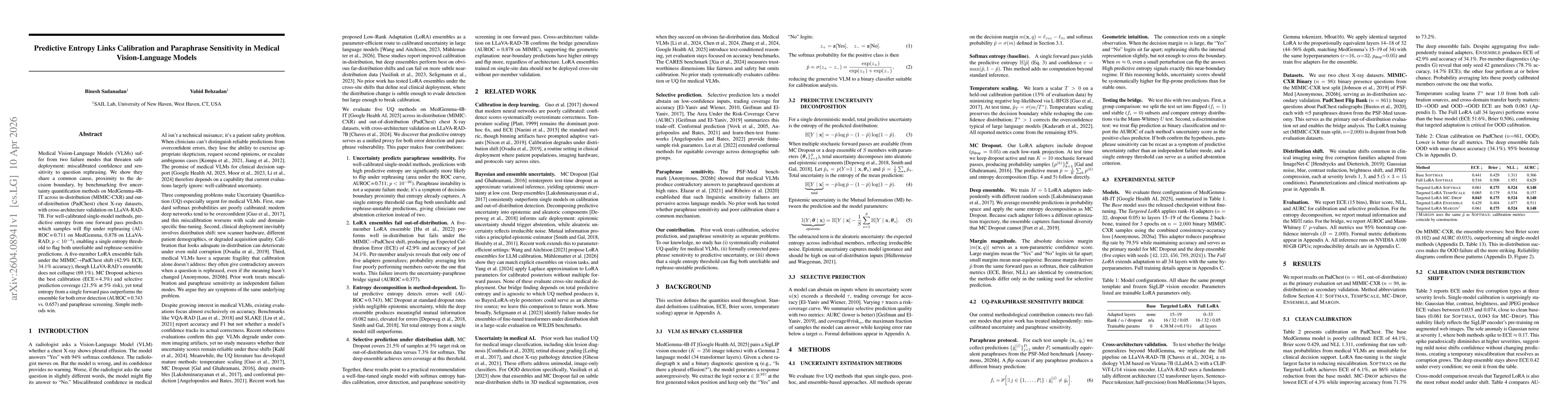 Thumbnail for Predictive Entropy Links Calibration and Paraphrase Sensitivity in Medical Vision-Language Models