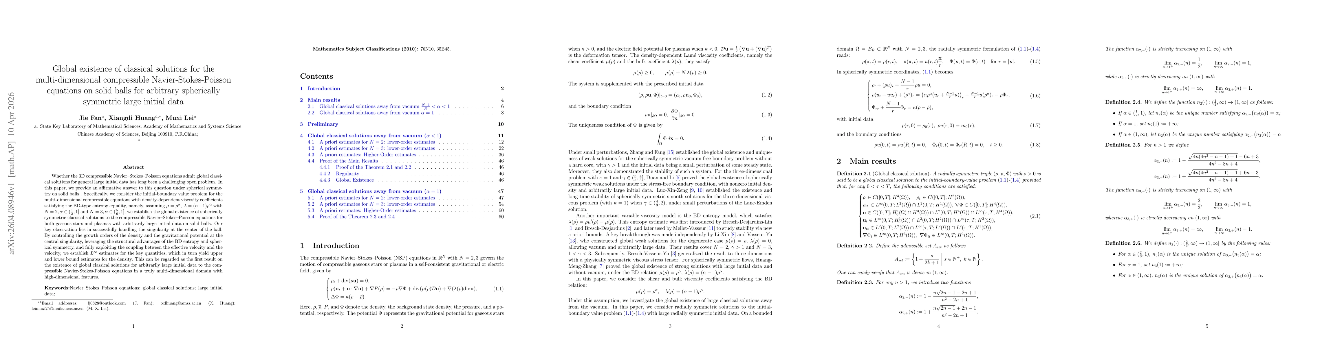 Thumbnail for Global existence of classical solutions for the multi-dimensional compressible Navier-Stokes-Poisson equations on solid balls for arbitrary spherically symmetric large initial data