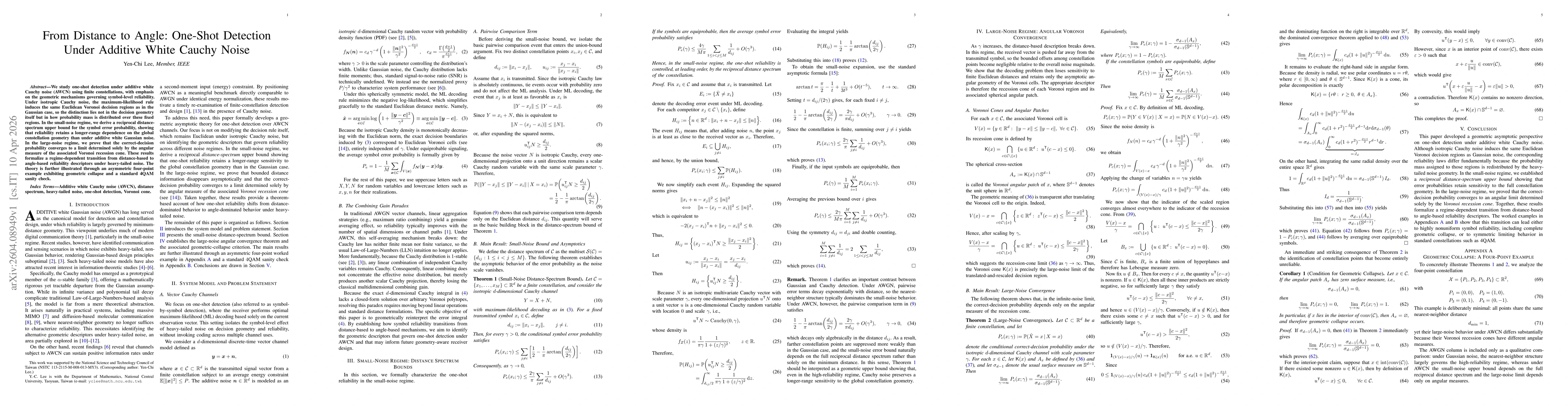 Thumbnail for From Distance to Angle: One-Shot Detection Under Additive White Cauchy Noise