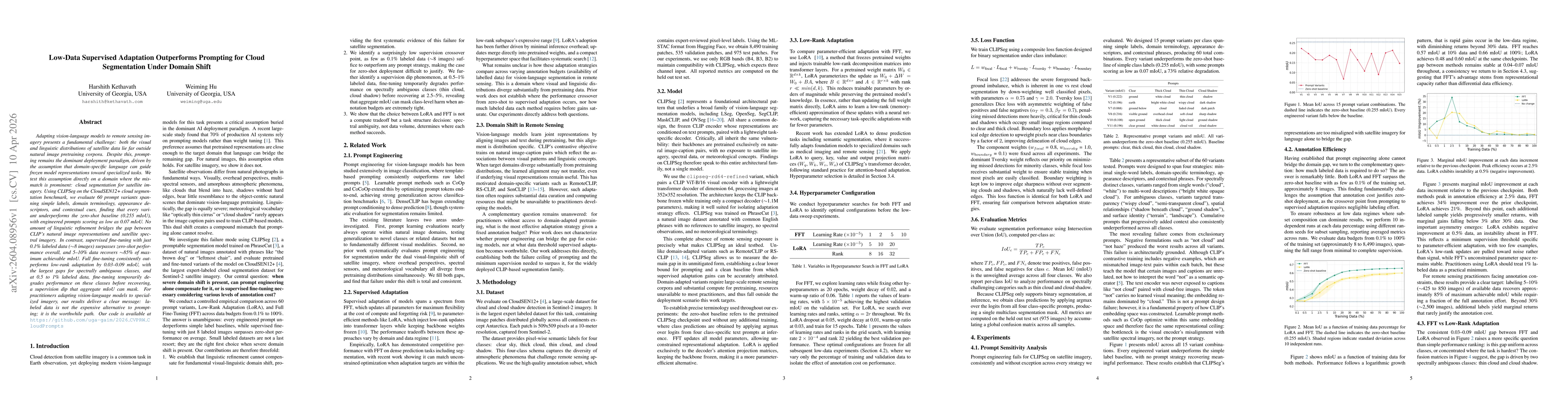 Thumbnail for Low-Data Supervised Adaptation Outperforms Prompting for Cloud Segmentation Under Domain Shift