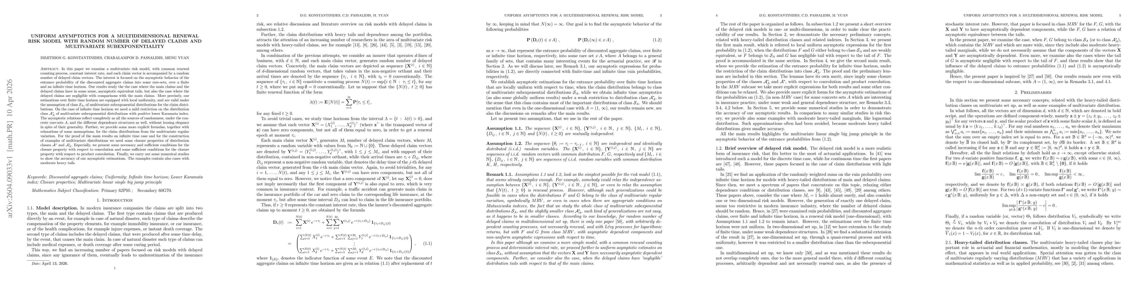 Thumbnail for Uniform asymptotics for a multidimensional renewal risk model with random number of delayed claims and multivariate subexponentiality