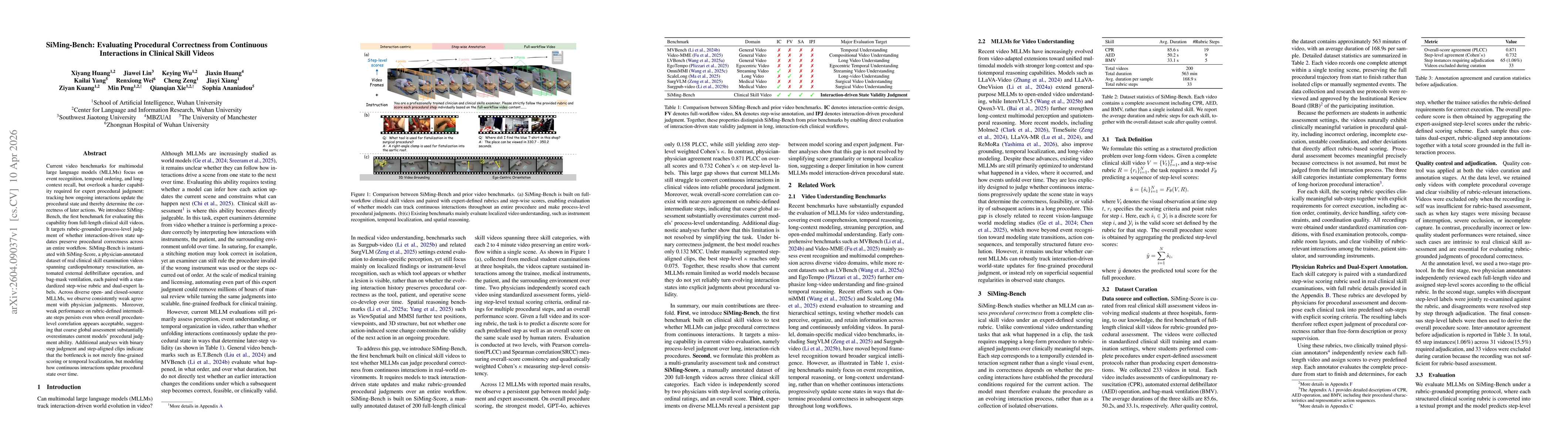 Thumbnail for SiMing-Bench: Evaluating Procedural Correctness from Continuous Interactions in Clinical Skill Videos
