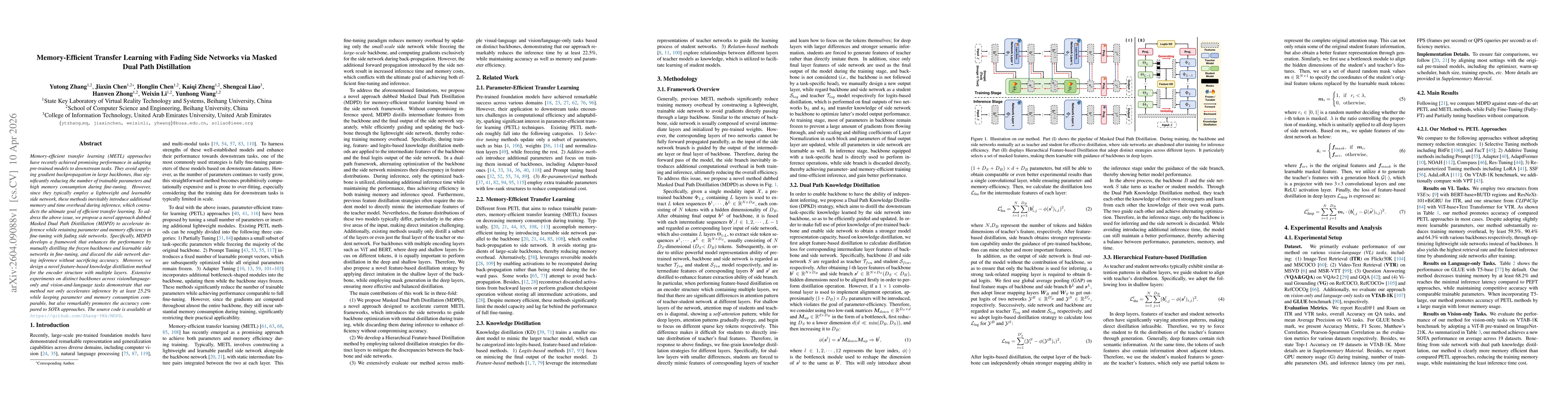 Thumbnail for Memory-Efficient Transfer Learning with Fading Side Networks via Masked Dual Path Distillation