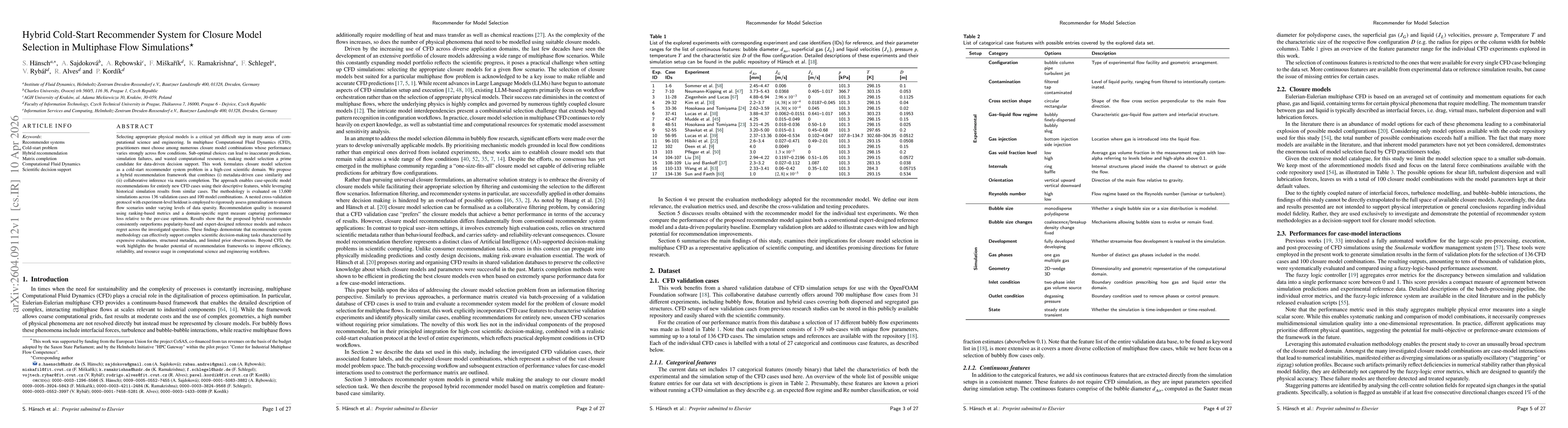 Thumbnail for Hybrid Cold-Start Recommender System for Closure Model Selection in Multiphase Flow Simulations