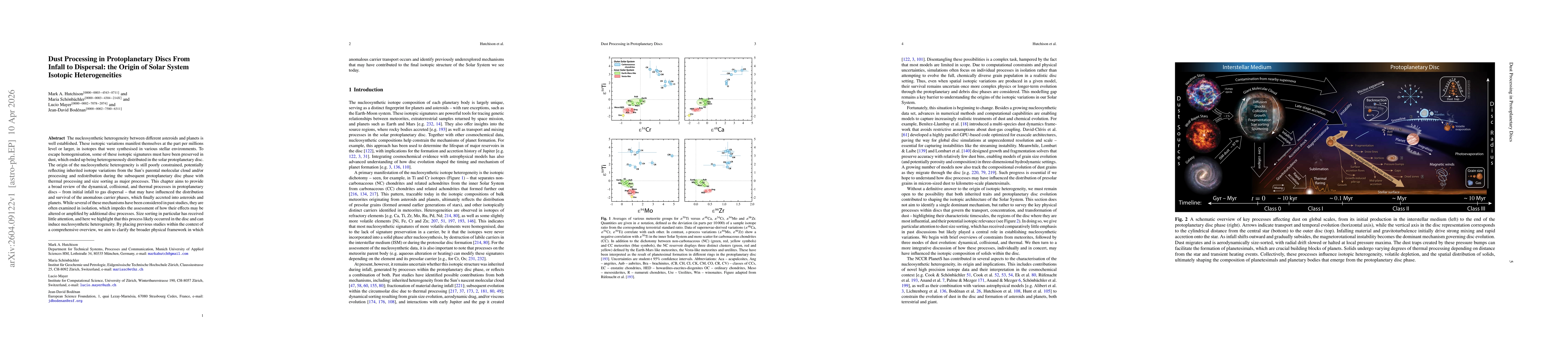 Thumbnail for Dust Processing in Protoplanetary Discs From Infall to Dispersal: the Origin of Solar System Isotopic Heterogeneities