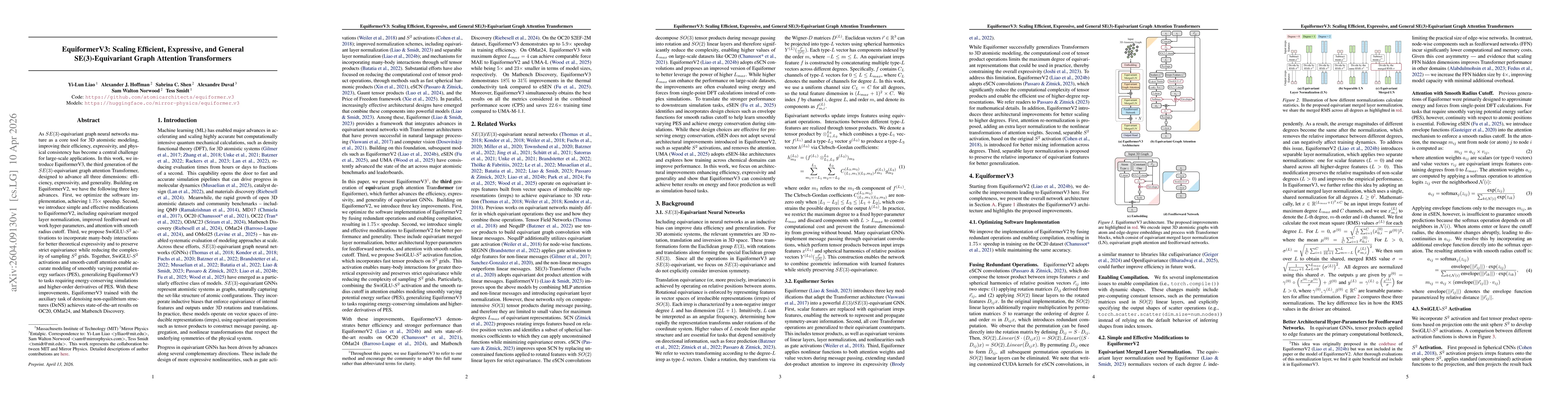 Thumbnail for EquiformerV3: Scaling Efficient, Expressive, and General SE(3)-Equivariant Graph Attention Transformers