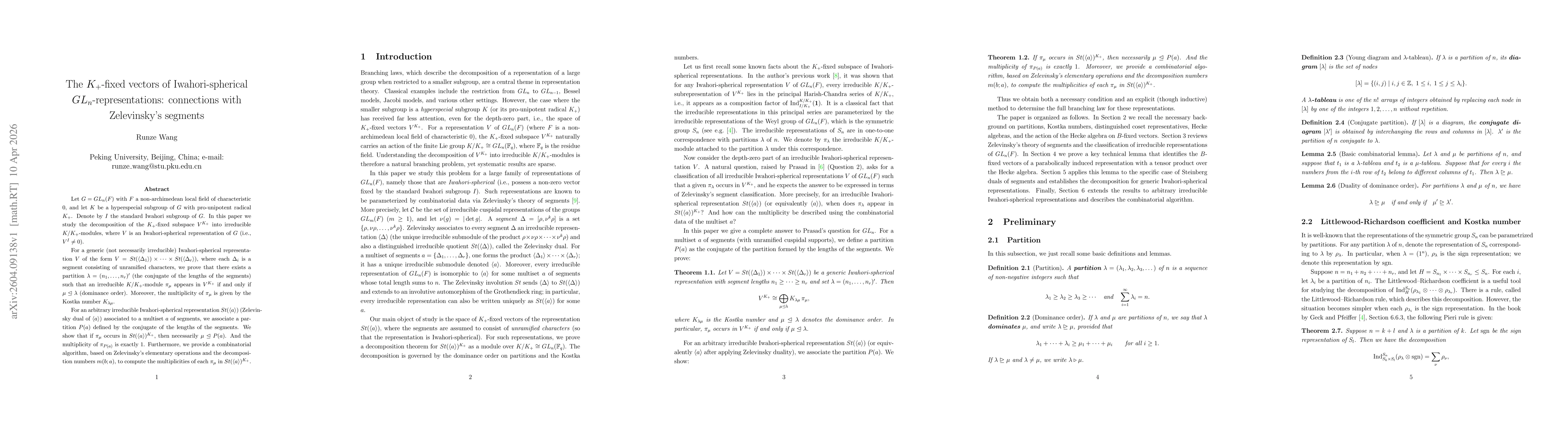 Thumbnail for The K_+-fixed vectors of Iwahori-spherical GL_n-representations: connections with Zelevinsky's segments