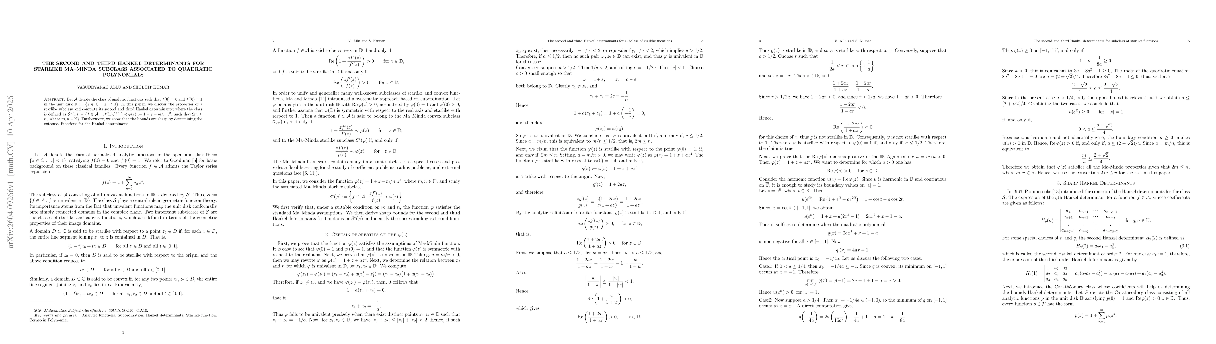 Thumbnail for The second and third Hankel determinants for starlike MA--Minda subclass associated to quadratic polynomials
