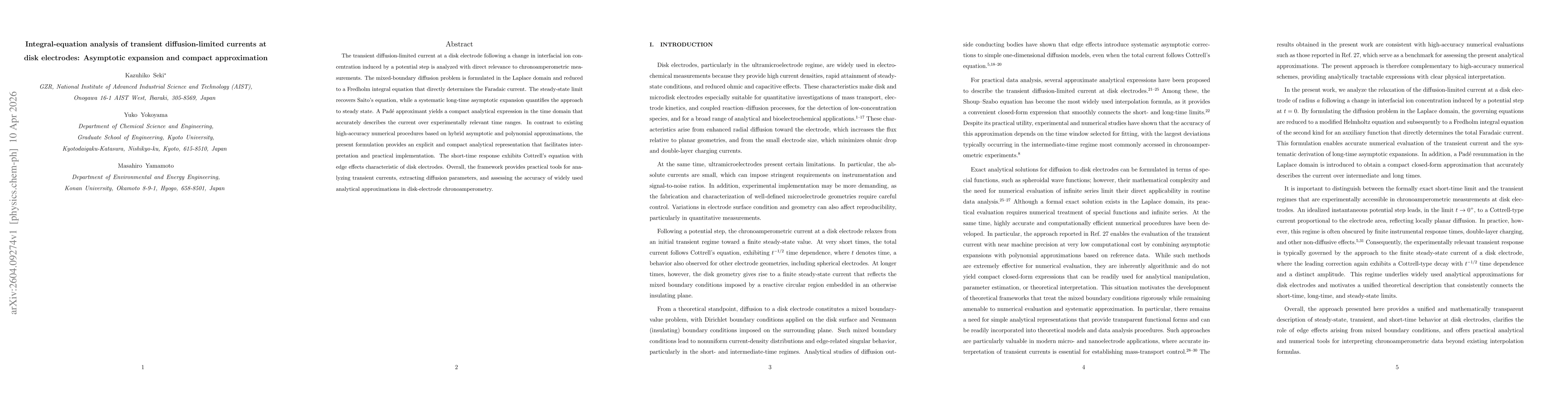 Thumbnail for Integral-equation analysis of transient diffusion-limited currents at disk electrodes: Asymptotic expansion and compact approximation
