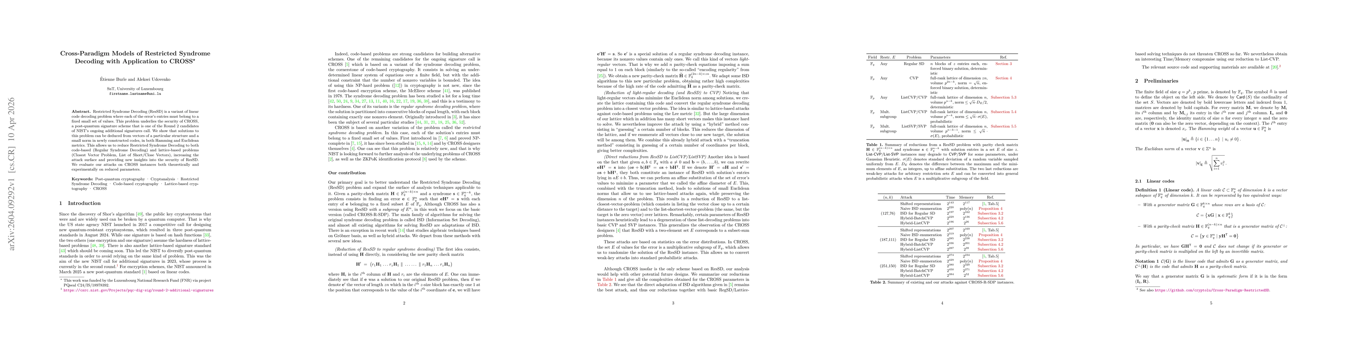 Thumbnail for Cross-Paradigm Models of Restricted Syndrome Decoding with Application to CROSS
