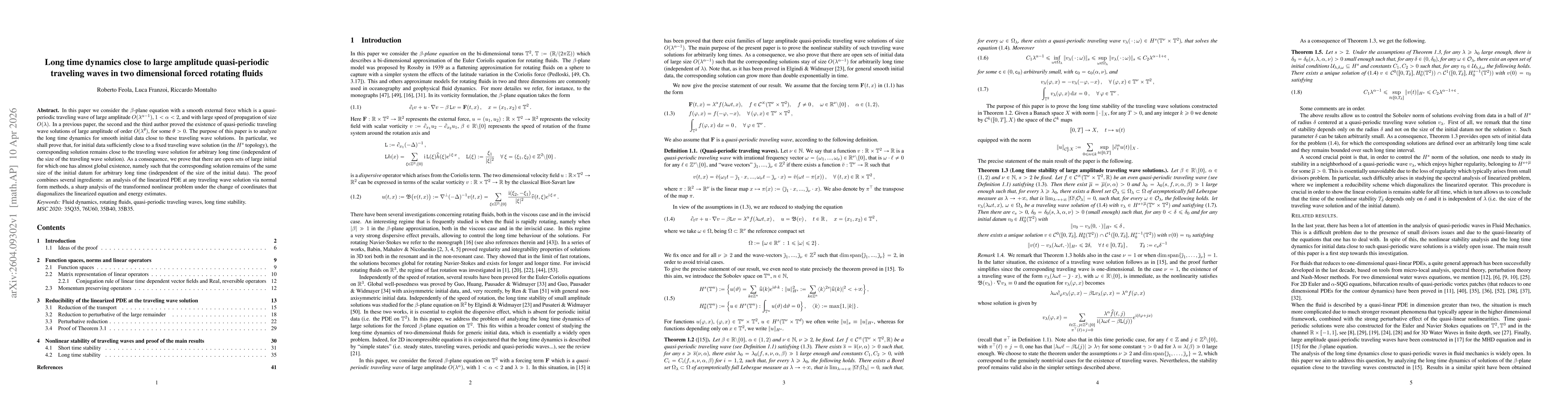 Thumbnail for Long time dynamics close to large amplitude quasi-periodic traveling waves in two dimensional forced rotating fluids